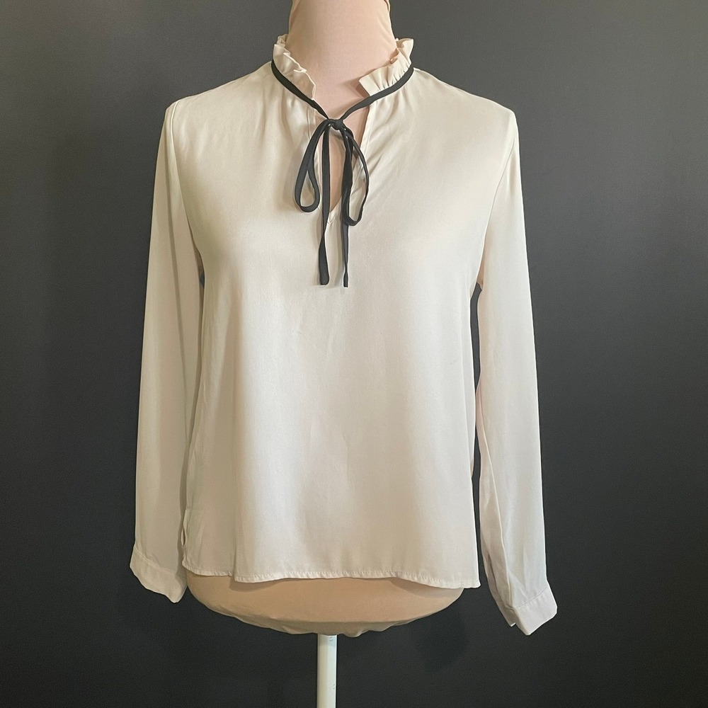 Sweet Rain Blouse Womens S Cream Good Ruffle Tie Neck Long Sleeve T60636